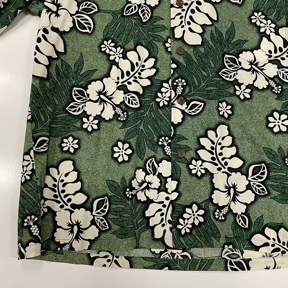 Hilo Hattie Men’s Hawaiian Shirt Green White Hibiscus Print Button Up Size Large - Picture 2 of 6